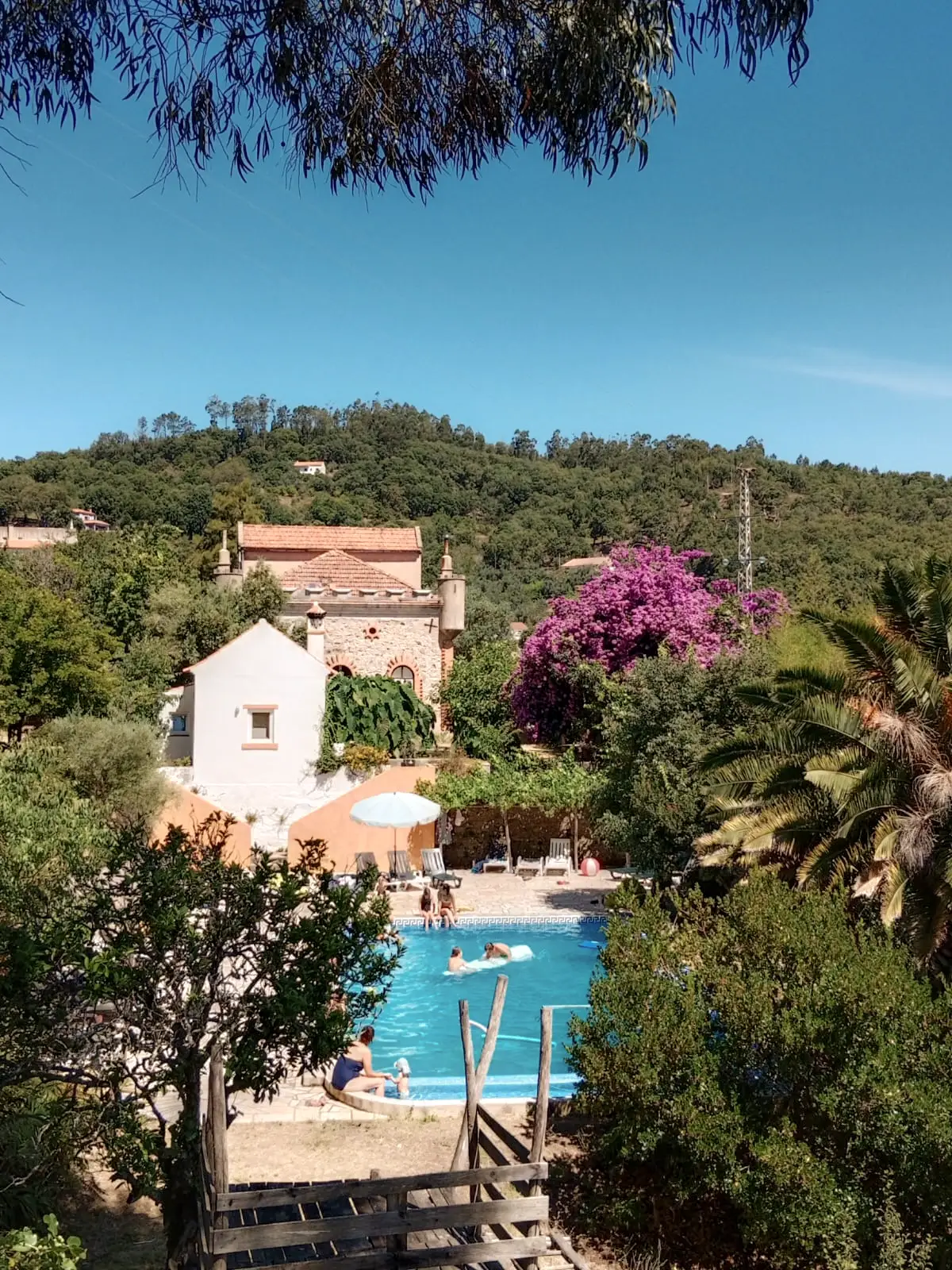 Blick auf die Quinta mit Pool, Bougainvillea und bewaldeten Hügeln der Algarve
