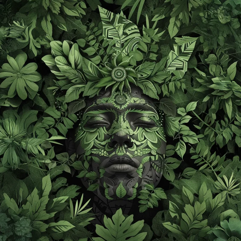 Ayahuasca Pflanzenmedizin – Pflanzengeist-Kunstwerk als Symbol für die Traditionen des Amazonas